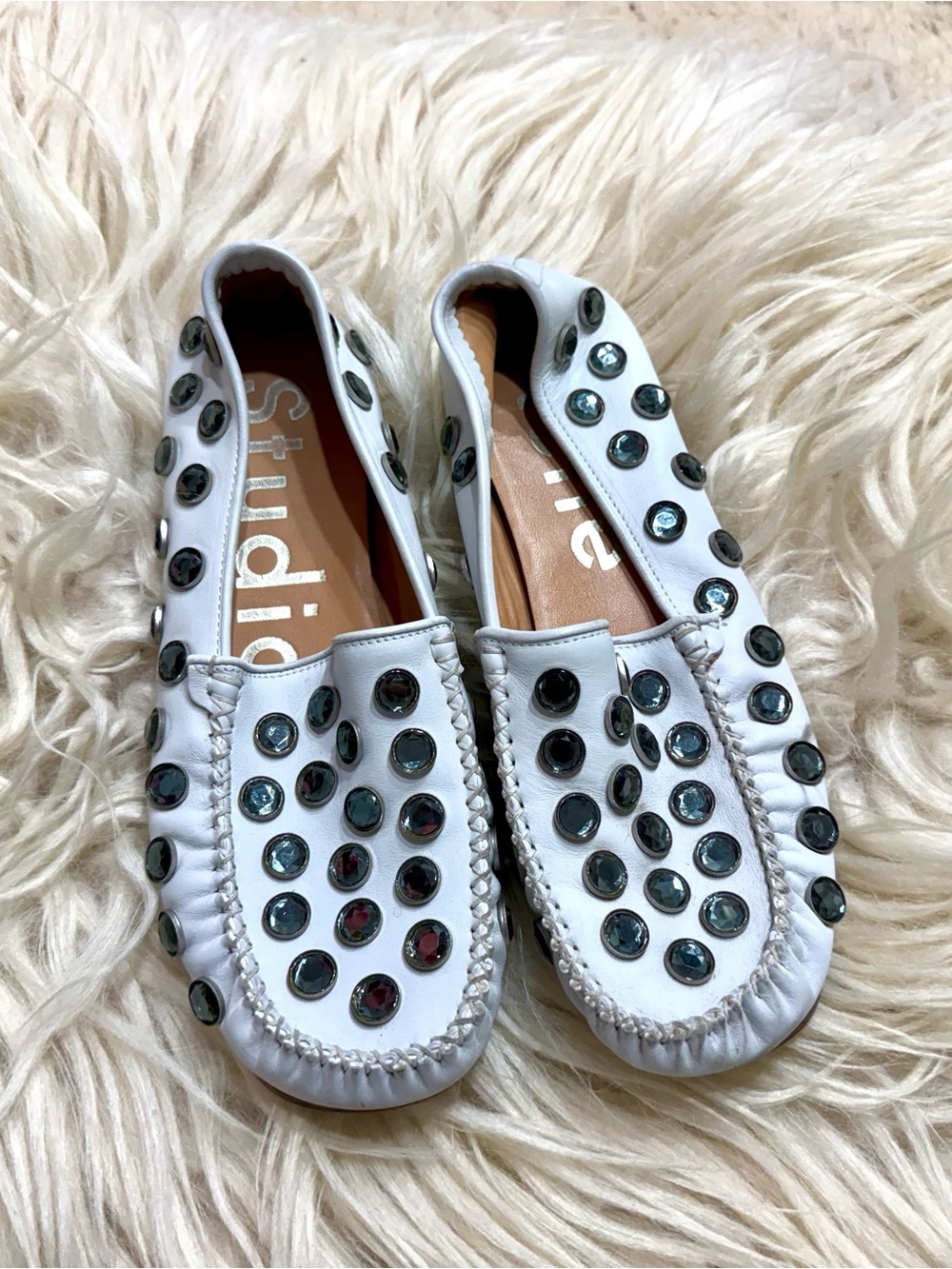 Acne White Leather Jeweled Slip-On Loafers